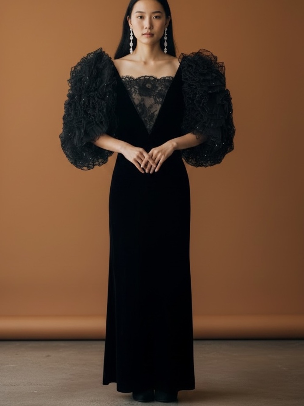 Vtg 80s Oscar de la Renta Black Velvet Gown 8 Rhinestone Voluminous Sleeves NWT - Picture 4 of 12